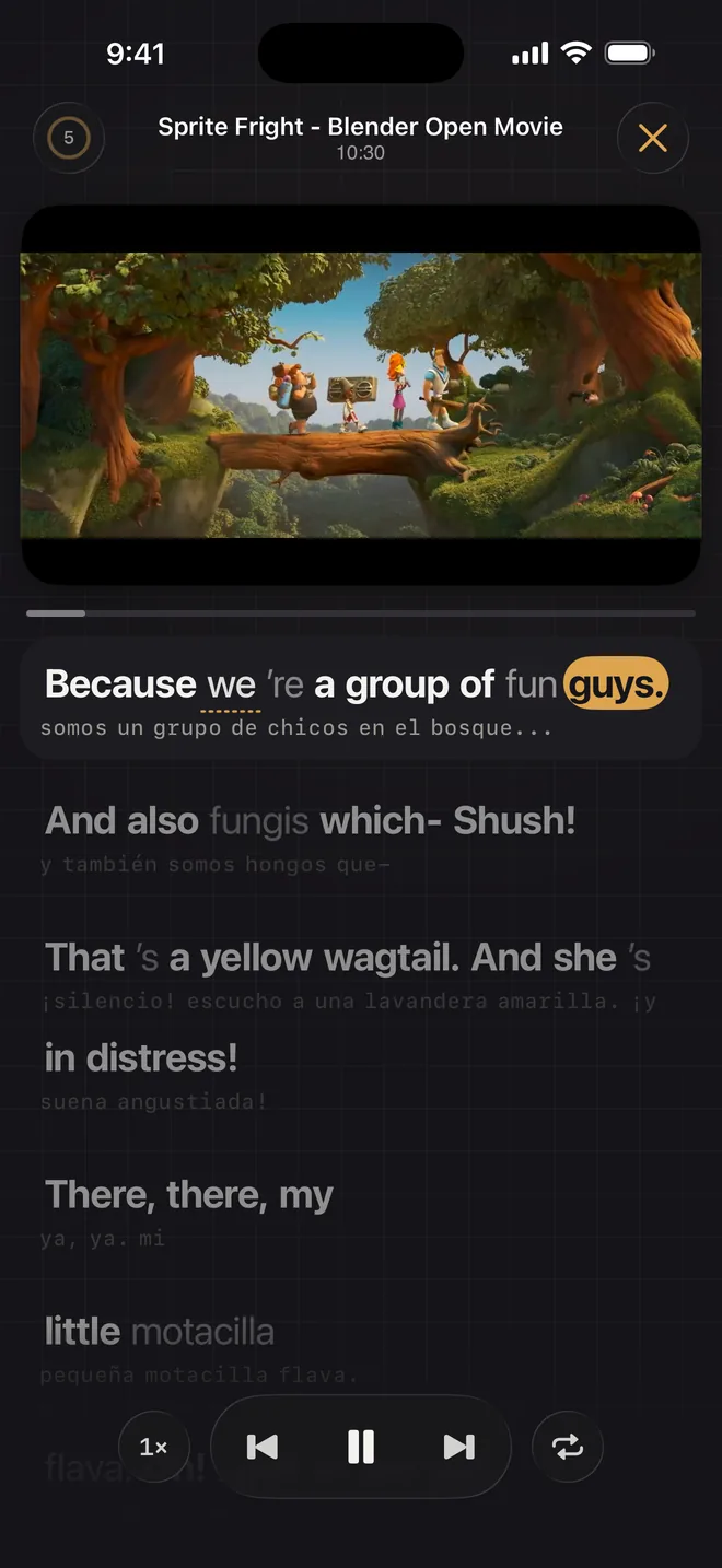 DodoLingo playing a video with its transcript under it, each line in English with the learner's own language beneath, and one word lit where it was tapped.